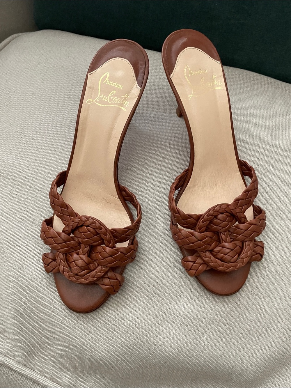 Christian Louboutin Braided Leather Open-Toe Slide Sandals in Brown.